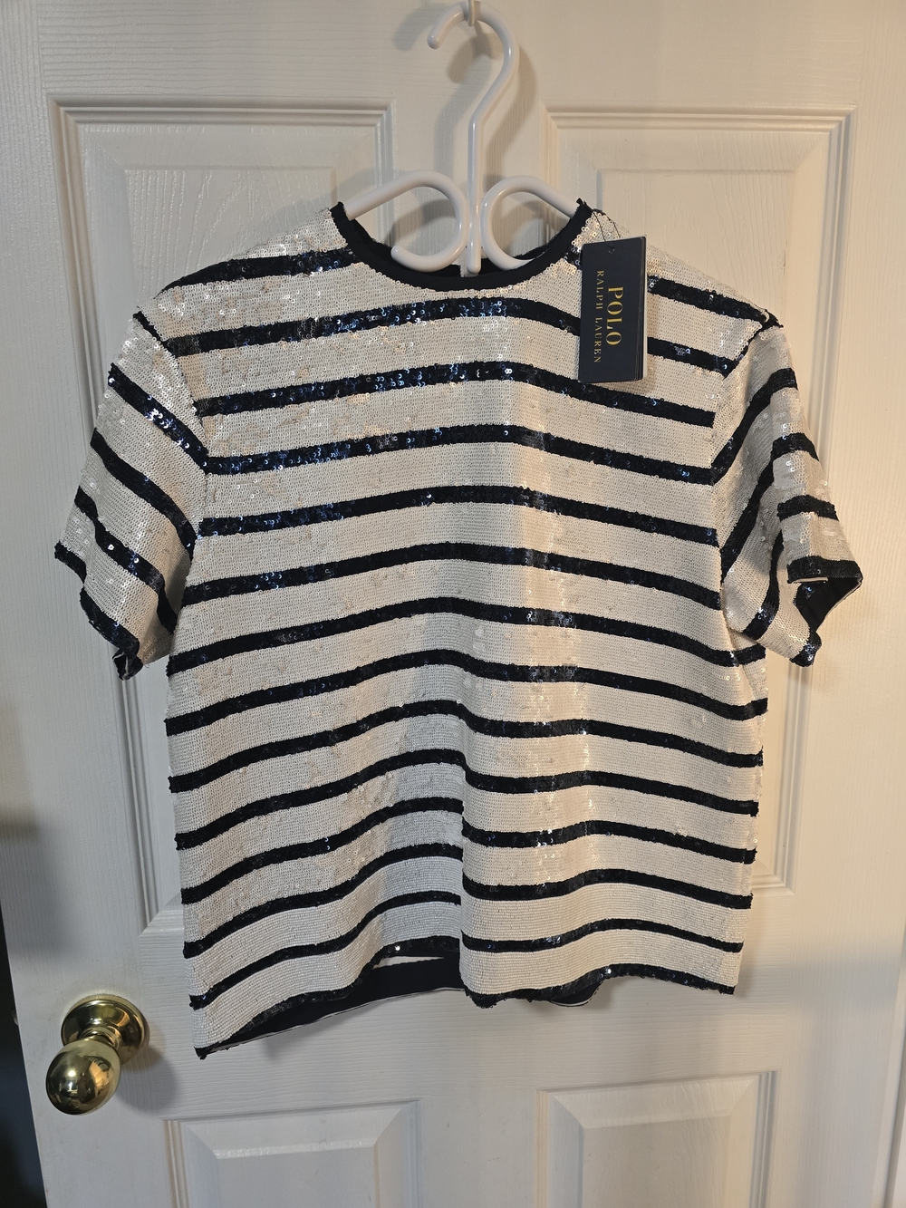 Polo by Ralph Lauren Navy and White Sequin Stripe Tee Bnwt